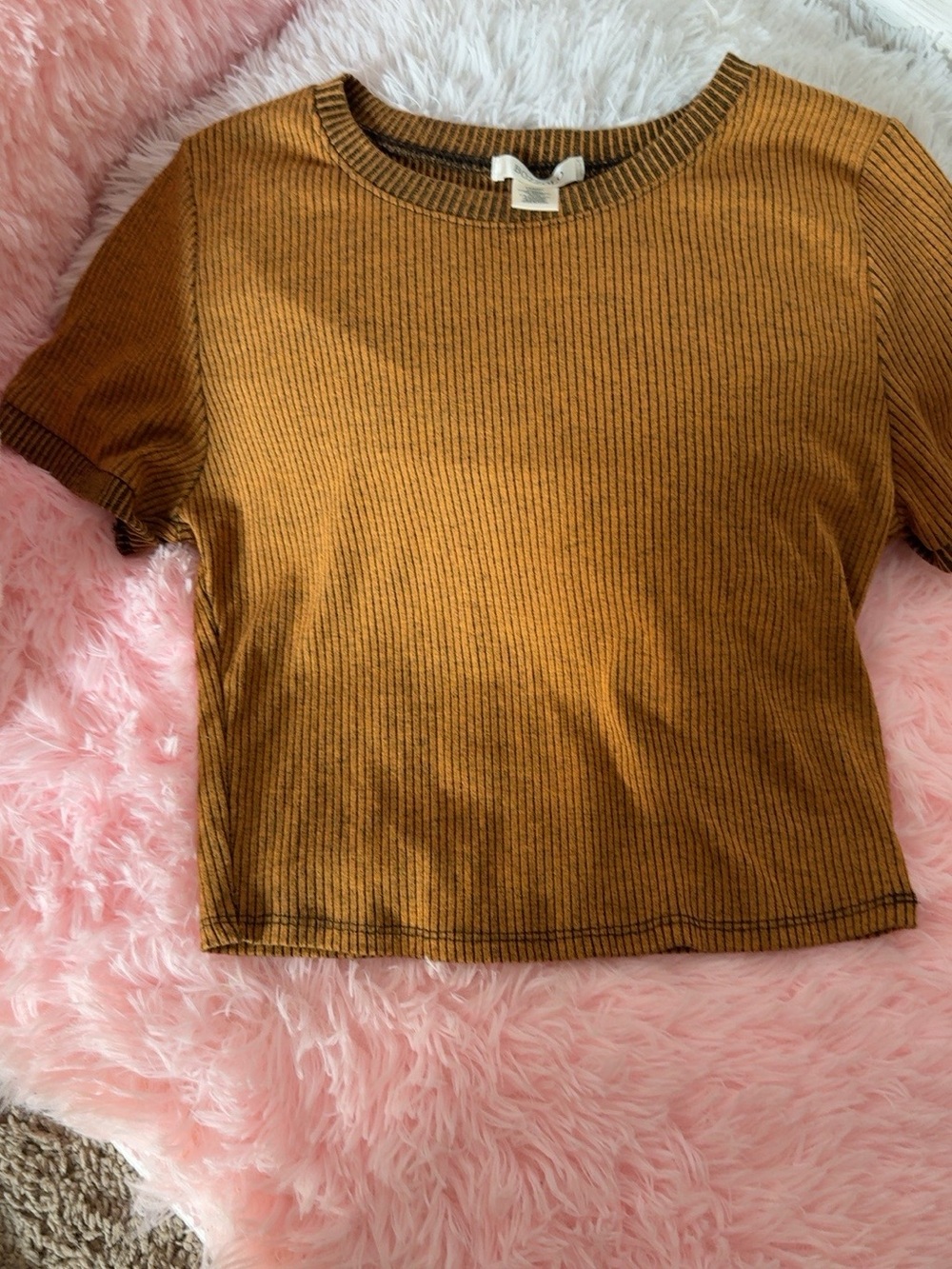 Bozzolo Ribbed Short Sleeve Crop Top - Mustard Brown